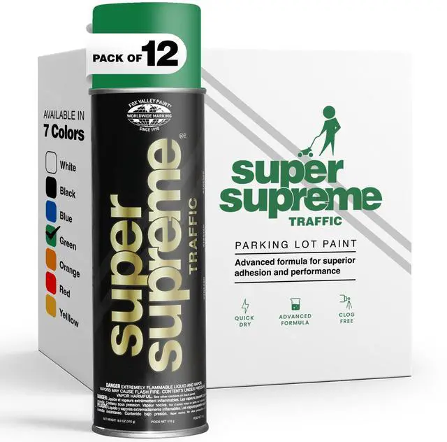 Main image of Fox Valley Super Supreme Traffic Marking Spray Paint 18 oz (12-Pack), Fast-Drying, Long Lasting, Durable & Weather-Resistant - Marking Paint for Roads, Parking Lots, Sidewalks, Factory Floors, Green