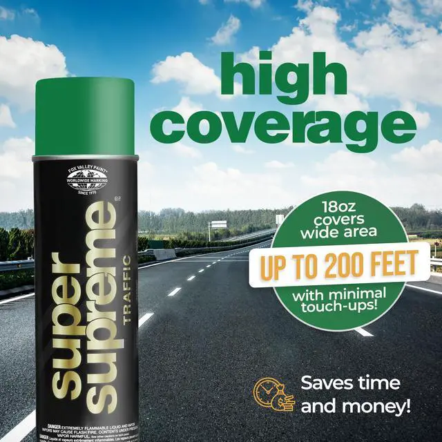 Alt view image 6 of 6 - Fox Valley Super Supreme Traffic Marking Spray Paint 18 oz (12-Pack), Fast-Drying, Long Lasting, Durable & Weather-Resistant - Marking Paint for Roads, Parking Lots, Sidewalks, Factory Floors, Green