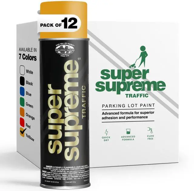 Main image of Fox Valley Super Supreme Traffic Marking Spray Paint 18oz (12-Pack Yellow), Fast-Drying, Long Lasting, Durable & Weather-Resistant - Marking Paint for Roads, Parking Lots, Sidewalks & Factory Floors