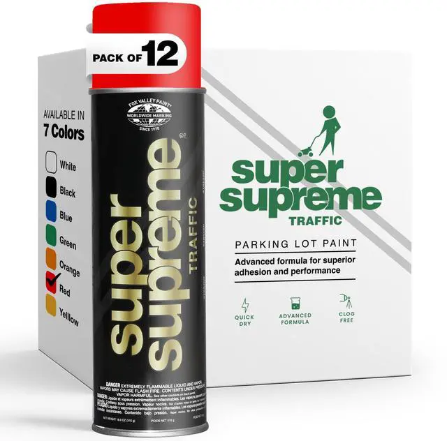 Main image of Fox Valley Super Supreme Traffic Marking Spray Paint 18 oz (12-Pack), Fast-Drying, Long Lasting, Durable & Weather-Resistant - Marking Paint for Roads, Parking Lots, Sidewalks & Factory Floors, Red
