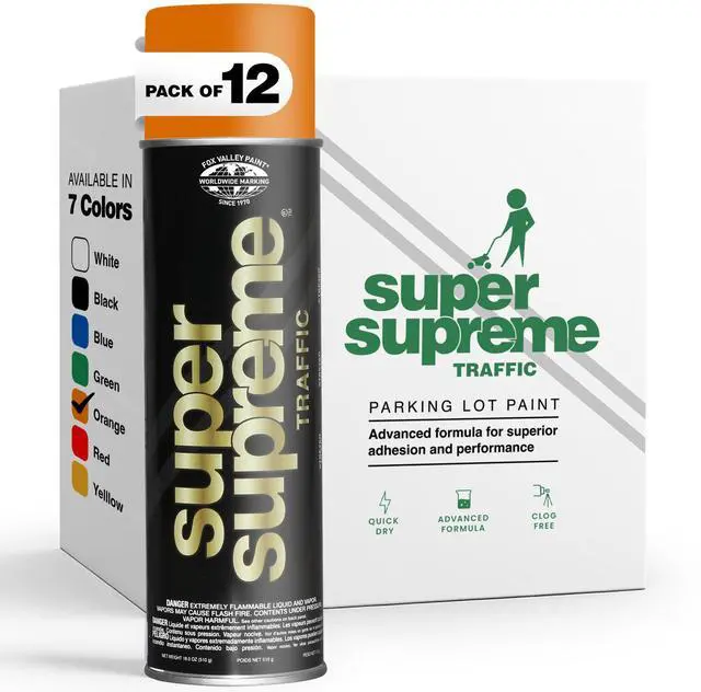 Main image of Fox Valley Super Supreme Traffic Marking Spray Paint 18oz (12-Pack Orange), Fast-Drying, Long Lasting, Durable & Weather-Resistant - Marking Paint for Roads, Parking Lots, Sidewalks & Factory Floors