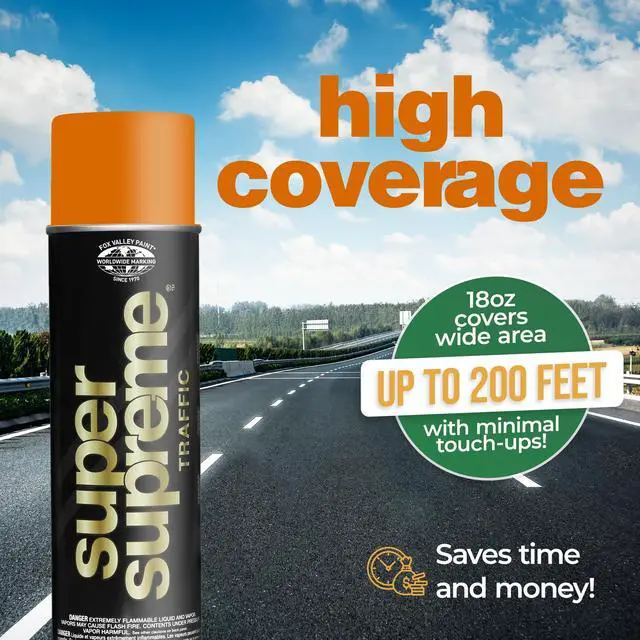 Alt view image 6 of 6 - Fox Valley Super Supreme Traffic Marking Spray Paint 18oz (12-Pack Orange), Fast-Drying, Long Lasting, Durable & Weather-Resistant - Marking Paint for Roads, Parking Lots, Sidewalks & Factory Floors