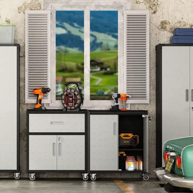 Alt view image 2 of 6 - Metal Mobile Tool Storage Cabinet with Wheels,Heavy Duty Rolling Tool Cabinets for Garage,Metal Storage Cabinets with 2 Locking Doors and 1 Drawer,Assembly Required