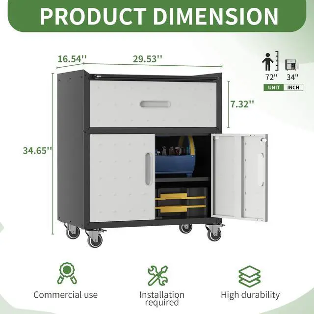 Alt view image 3 of 6 - Metal Mobile Tool Storage Cabinet with Wheels,Heavy Duty Rolling Tool Cabinets for Garage,Metal Storage Cabinets with 2 Locking Doors and 1 Drawer,Assembly Required