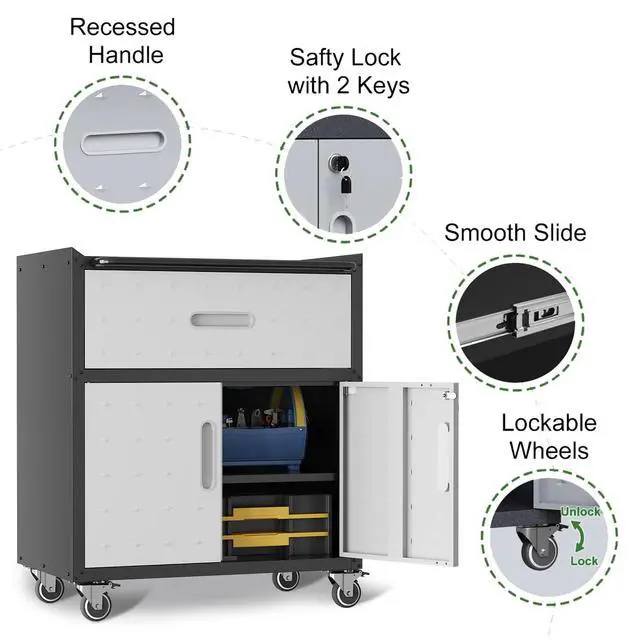 Alt view image 4 of 6 - Metal Mobile Tool Storage Cabinet with Wheels,Heavy Duty Rolling Tool Cabinets for Garage,Metal Storage Cabinets with 2 Locking Doors and 1 Drawer,Assembly Required