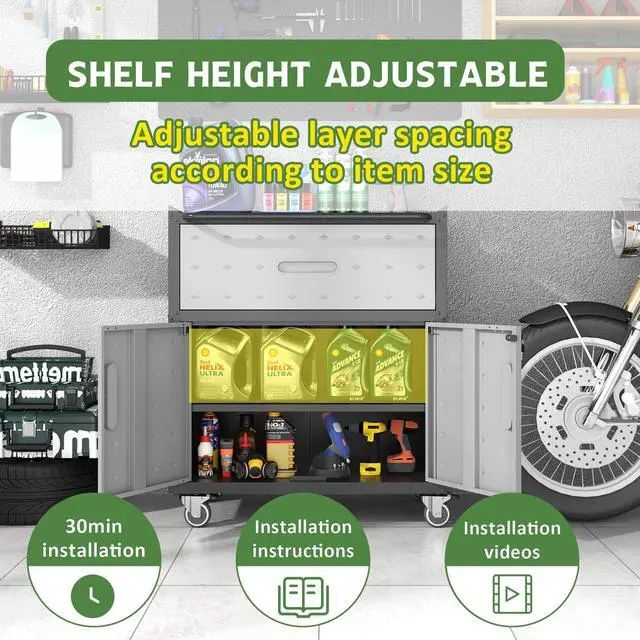 Alt view image 5 of 6 - Metal Mobile Tool Storage Cabinet with Wheels,Heavy Duty Rolling Tool Cabinets for Garage,Metal Storage Cabinets with 2 Locking Doors and 1 Drawer,Assembly Required