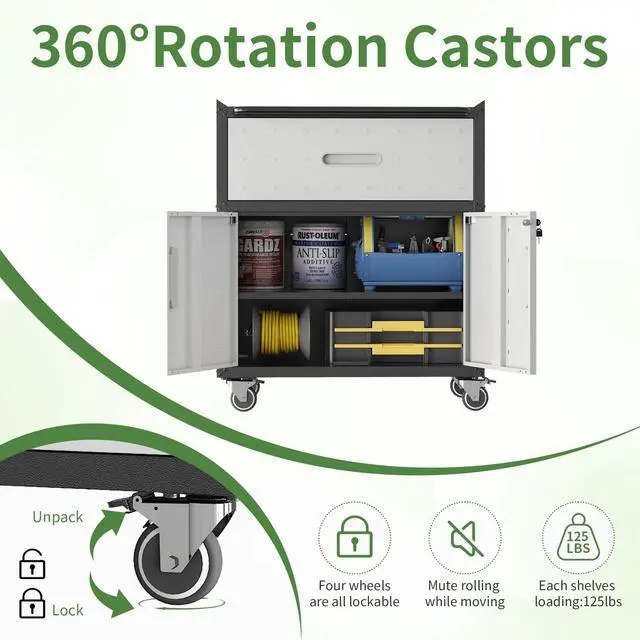 Alt view image 6 of 6 - Metal Mobile Tool Storage Cabinet with Wheels,Heavy Duty Rolling Tool Cabinets for Garage,Metal Storage Cabinets with 2 Locking Doors and 1 Drawer,Assembly Required