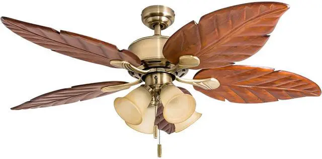 Main image of Ceiling Fans Royal Palm, 52 Inch Tropical LED Ceiling Fan with Light, Pull Chain, Three Mounting Options, Hand Carved Solid Wood Blades - Model 50504-01 (Aged Brass)