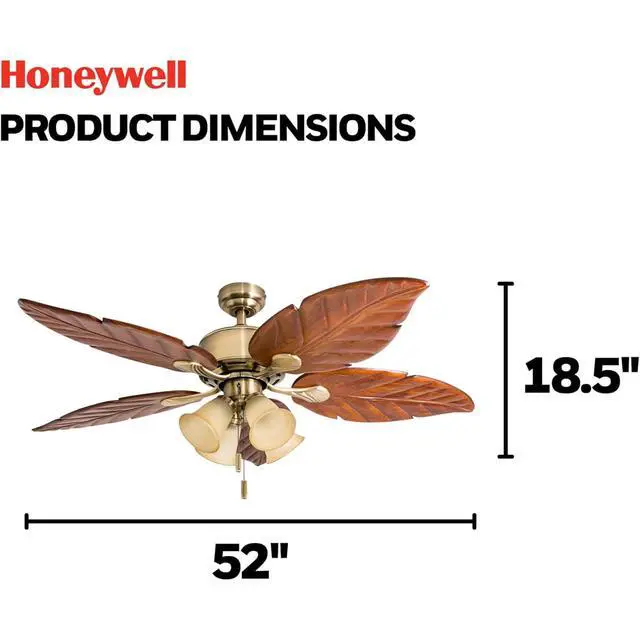 Alt view image 2 of 6 - Ceiling Fans Royal Palm, 52 Inch Tropical LED Ceiling Fan with Light, Pull Chain, Three Mounting Options, Hand Carved Solid Wood Blades - Model 50504-01 (Aged Brass)