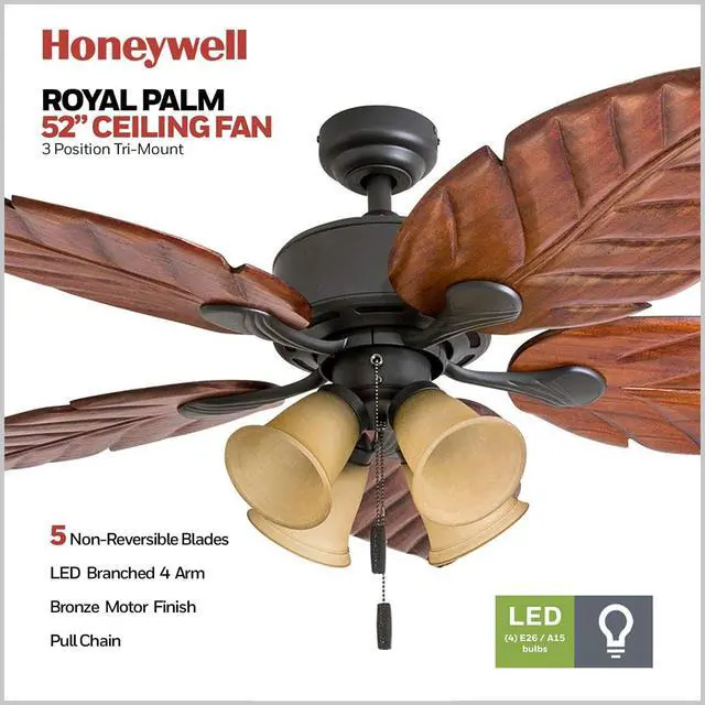 Alt view image 3 of 6 - Ceiling Fans Royal Palm, 52 Inch Tropical LED Ceiling Fan with Light, Pull Chain, Three Mounting Options, Hand Carved Solid Wood Blades - Model 50504-01 (Aged Brass)