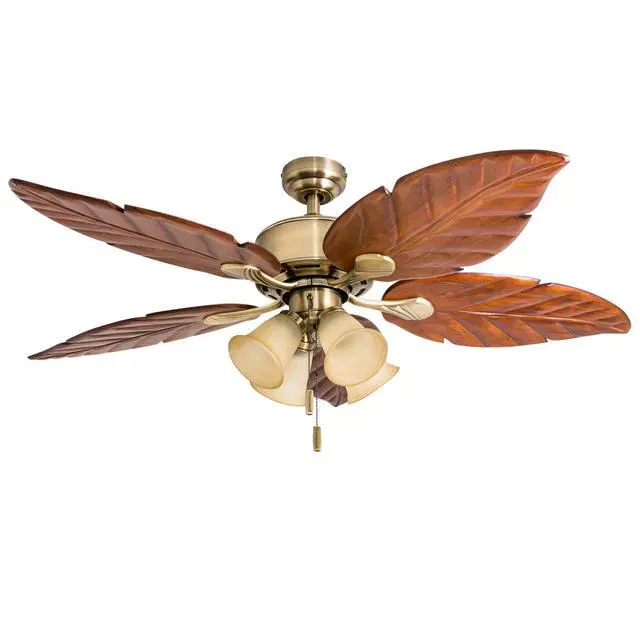 Alt view image 4 of 6 - Ceiling Fans Royal Palm, 52 Inch Tropical LED Ceiling Fan with Light, Pull Chain, Three Mounting Options, Hand Carved Solid Wood Blades - Model 50504-01 (Aged Brass)
