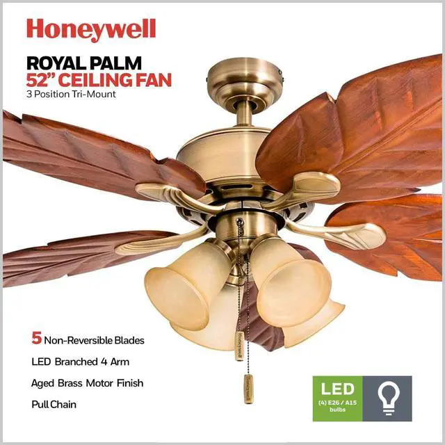 Alt view image 5 of 6 - Ceiling Fans Royal Palm, 52 Inch Tropical LED Ceiling Fan with Light, Pull Chain, Three Mounting Options, Hand Carved Solid Wood Blades - Model 50504-01 (Aged Brass)