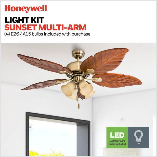 Alt view image 6 of 6 - Ceiling Fans Royal Palm, 52 Inch Tropical LED Ceiling Fan with Light, Pull Chain, Three Mounting Options, Hand Carved Solid Wood Blades - Model 50504-01 (Aged Brass)