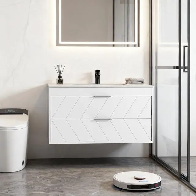 Alt view image 3 of 6 - 30 Inch Bathroom Vanity with Sink, Modern Floating Bathroom Vanity with Resin Sink, 2 Large Storage Darwers, Wood Grain Texture Wall Mounted Vanity, Metal Handles, White