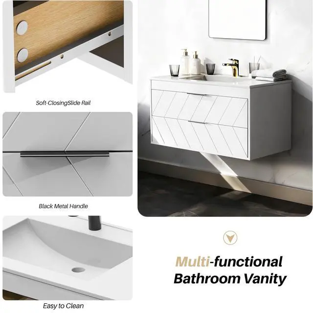 Alt view image 4 of 6 - 30 Inch Bathroom Vanity with Sink, Modern Floating Bathroom Vanity with Resin Sink, 2 Large Storage Darwers, Wood Grain Texture Wall Mounted Vanity, Metal Handles, White