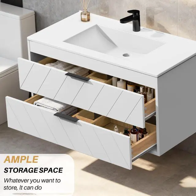 Alt view image 5 of 6 - 30 Inch Bathroom Vanity with Sink, Modern Floating Bathroom Vanity with Resin Sink, 2 Large Storage Darwers, Wood Grain Texture Wall Mounted Vanity, Metal Handles, White