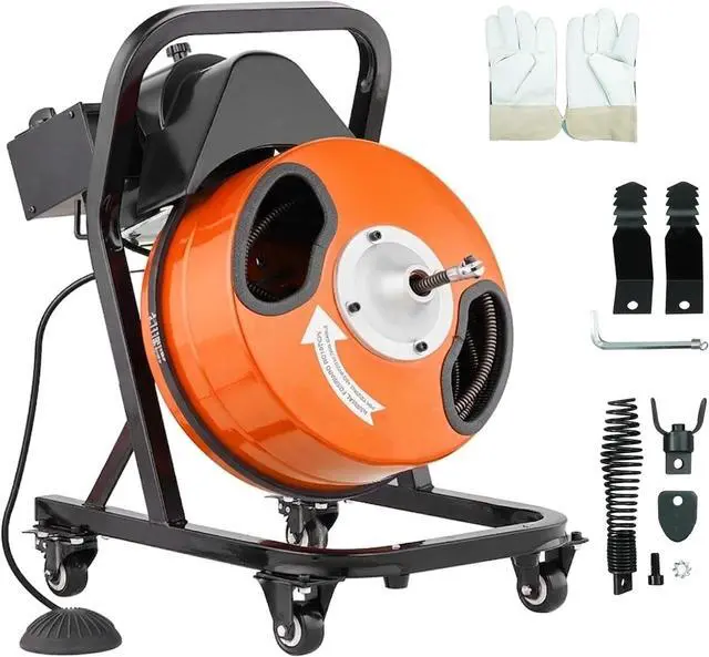 Main image of 50FT x 1/2 Inch Drain Cleaner Machine, Electric Drain Auger on 4 Wheels for 1"-4" Pipes, Enclosed Metal Drum with 4 Cutters & Pneumatic Foot Switch, Sewer Snake Auger