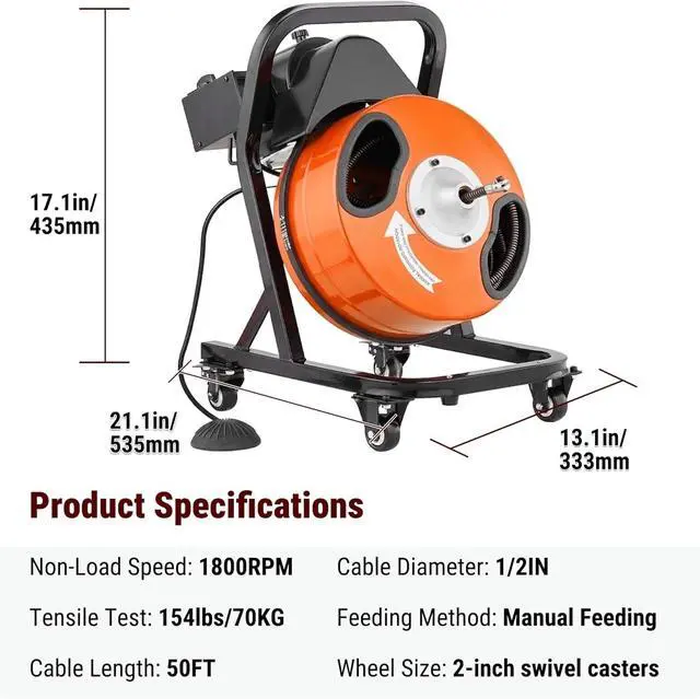 Alt view image 2 of 6 - 50FT x 1/2 Inch Drain Cleaner Machine, Electric Drain Auger on 4 Wheels for 1"-4" Pipes, Enclosed Metal Drum with 4 Cutters & Pneumatic Foot Switch, Sewer Snake Auger
