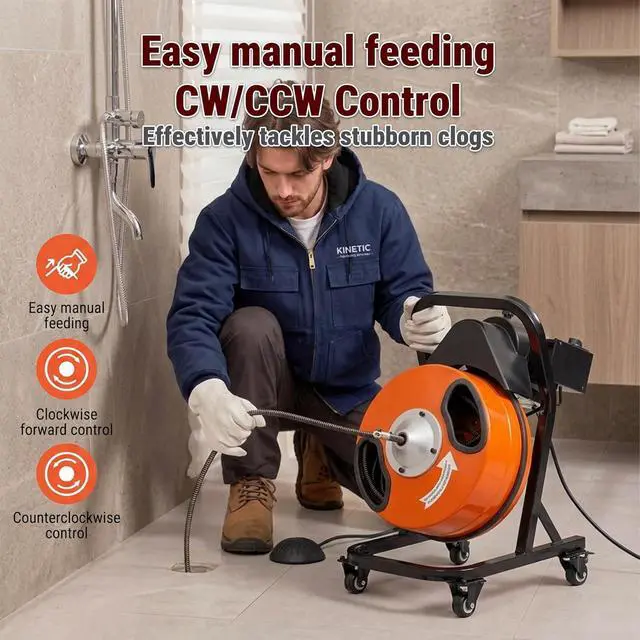 Alt view image 3 of 6 - 50FT x 1/2 Inch Drain Cleaner Machine, Electric Drain Auger on 4 Wheels for 1"-4" Pipes, Enclosed Metal Drum with 4 Cutters & Pneumatic Foot Switch, Sewer Snake Auger