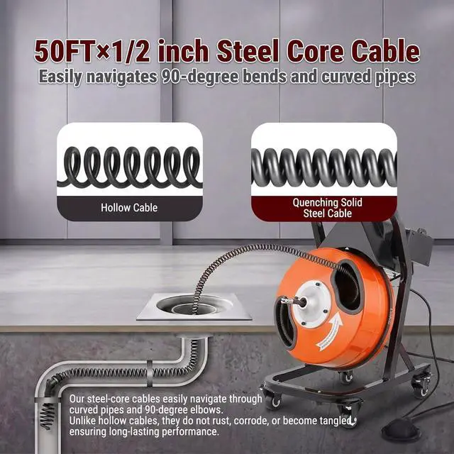 Alt view image 4 of 6 - 50FT x 1/2 Inch Drain Cleaner Machine, Electric Drain Auger on 4 Wheels for 1"-4" Pipes, Enclosed Metal Drum with 4 Cutters & Pneumatic Foot Switch, Sewer Snake Auger