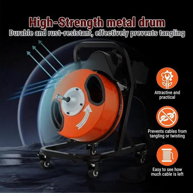 Alt view image 5 of 6 - 50FT x 1/2 Inch Drain Cleaner Machine, Electric Drain Auger on 4 Wheels for 1"-4" Pipes, Enclosed Metal Drum with 4 Cutters & Pneumatic Foot Switch, Sewer Snake Auger