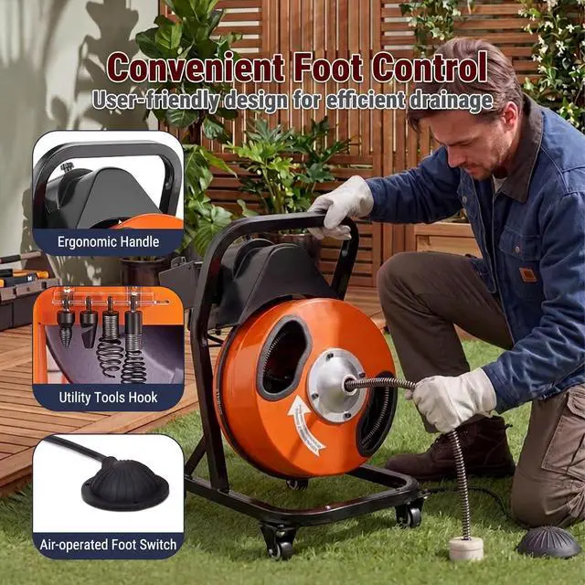 Alt view image 6 of 6 - 50FT x 1/2 Inch Drain Cleaner Machine, Electric Drain Auger on 4 Wheels for 1"-4" Pipes, Enclosed Metal Drum with 4 Cutters & Pneumatic Foot Switch, Sewer Snake Auger