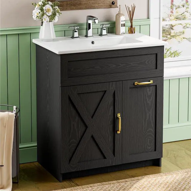 Main image of 30" Bathroom Vanity with Sink, Solid Wood Frame Bathroom Cabinet, Bath Vanity Set with 2 Power Outlets, 2 USB Port, Switch Button, 2 Drawers & Soft-Close Doors with Organizers, Black