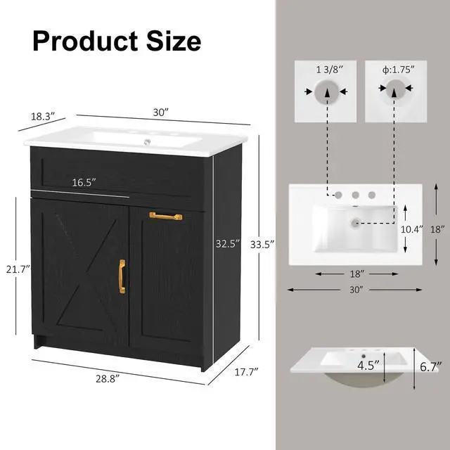 Alt view image 2 of 6 - 30" Bathroom Vanity with Sink, Solid Wood Frame Bathroom Cabinet, Bath Vanity Set with 2 Power Outlets, 2 USB Port, Switch Button, 2 Drawers & Soft-Close Doors with Organizers, Black