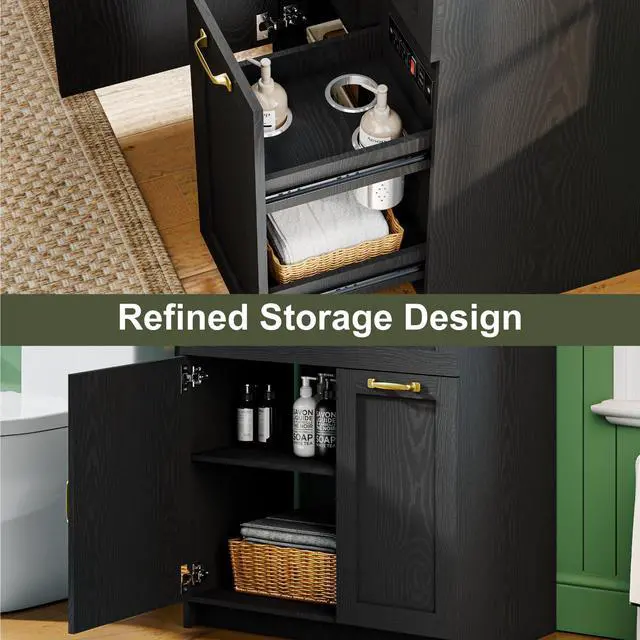 Alt view image 4 of 6 - 30" Bathroom Vanity with Sink, Solid Wood Frame Bathroom Cabinet, Bath Vanity Set with 2 Power Outlets, 2 USB Port, Switch Button, 2 Drawers & Soft-Close Doors with Organizers, Black