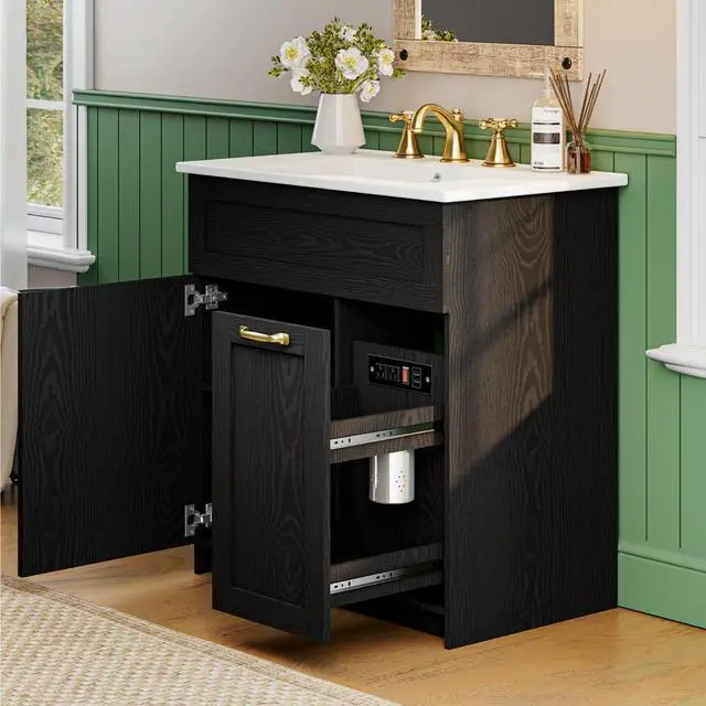 Alt view image 6 of 6 - 30" Bathroom Vanity with Sink, Solid Wood Frame Bathroom Cabinet, Bath Vanity Set with 2 Power Outlets, 2 USB Port, Switch Button, 2 Drawers & Soft-Close Doors with Organizers, Black