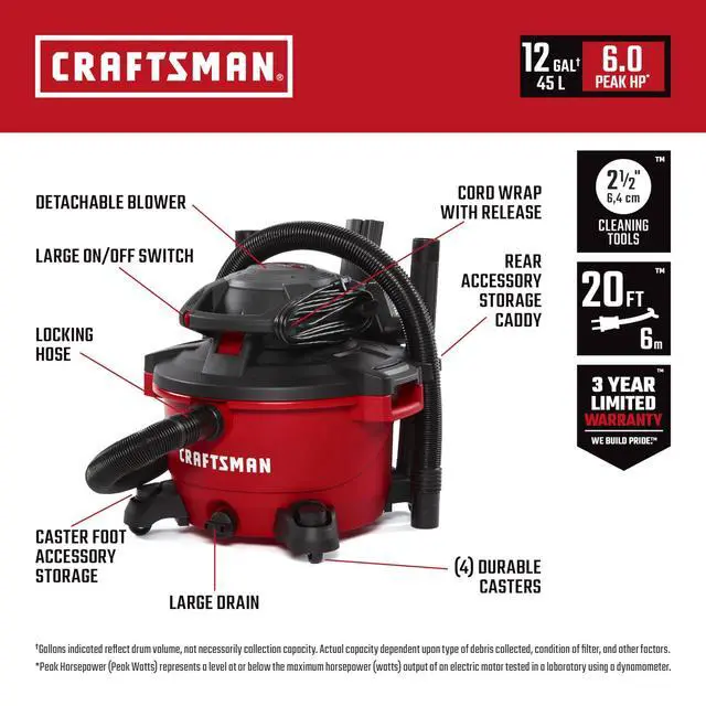 Alt view image 2 of 6 - CMXEVBE17606 12 Gal. 6.0 Peak HP Wet Dry Vac with Detach Blower | Portable Shop Vacuum Wet and Dry with Filter, Dust Bag, Hose and Attachments for Garage, Outdoor Cleaning