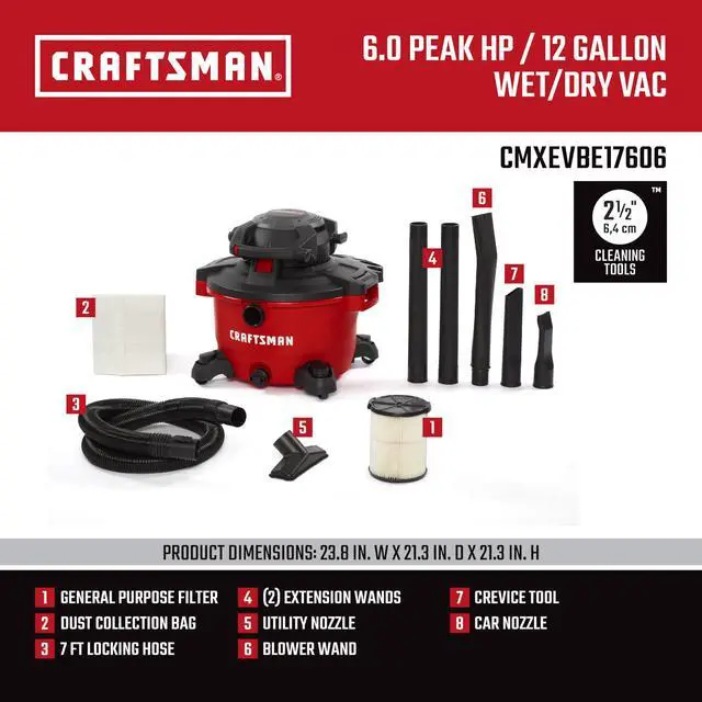 Alt view image 3 of 6 - CMXEVBE17606 12 Gal. 6.0 Peak HP Wet Dry Vac with Detach Blower | Portable Shop Vacuum Wet and Dry with Filter, Dust Bag, Hose and Attachments for Garage, Outdoor Cleaning