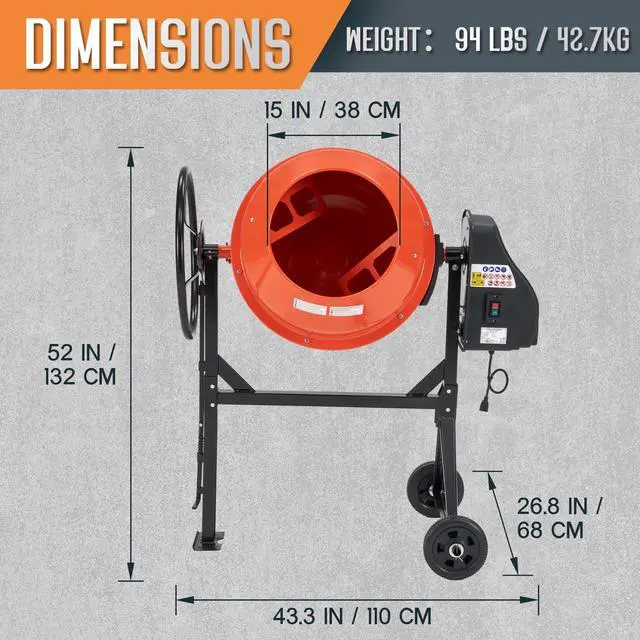 Alt view image 2 of 6 - Electric Cement Mixer, 4.9 Cu.Ft Stand and Wheels Concrete Mixer | 550W 110V Motor Durable Mixing Drum Mortar Stucco Feed Residential Construction Farm Garden Use