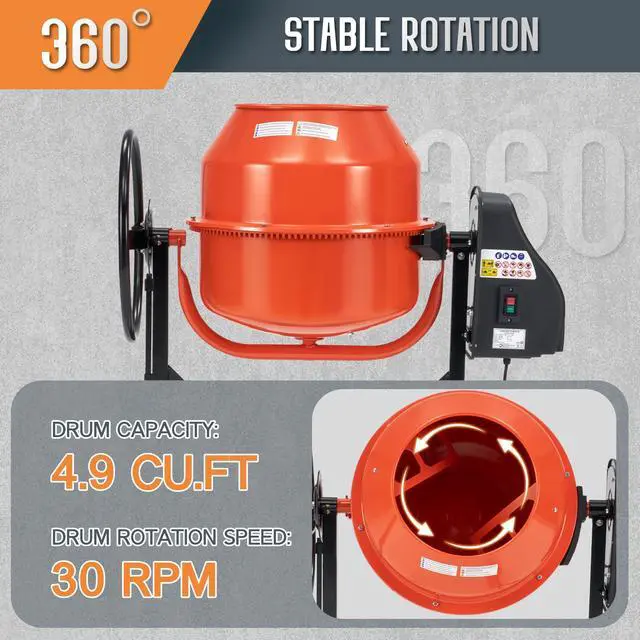 Alt view image 4 of 6 - Electric Cement Mixer, 4.9 Cu.Ft Stand and Wheels Concrete Mixer | 550W 110V Motor Durable Mixing Drum Mortar Stucco Feed Residential Construction Farm Garden Use