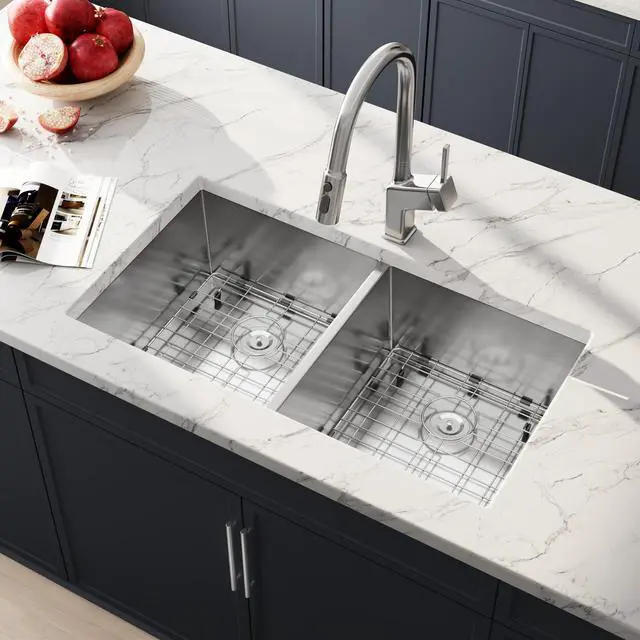 Main image of 32 Inch Undermount 50/50 Double Bowl Handmade Kitchen Sink | 304 Stainless Steel, 16 Gauge Thickness, Strainer & Grid Included, X Drain Line Design, Large Capacity, 32" x 19" x 10"