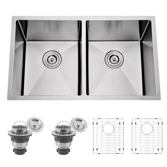 Alt view image 2 of 6 - 32 Inch Undermount 50/50 Double Bowl Handmade Kitchen Sink | 304 Stainless Steel, 16 Gauge Thickness, Strainer & Grid Included, X Drain Line Design, Large Capacity, 32" x 19" x 10"