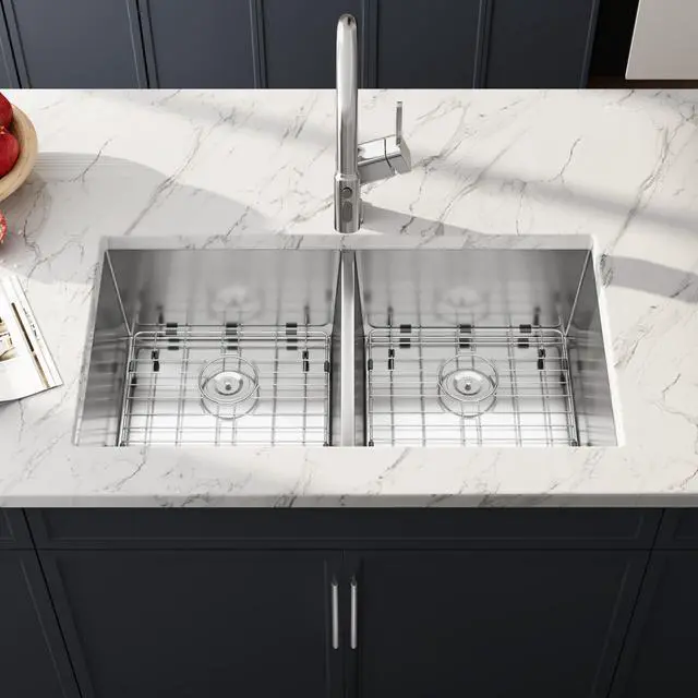 Alt view image 3 of 6 - 32 Inch Undermount 50/50 Double Bowl Handmade Kitchen Sink | 304 Stainless Steel, 16 Gauge Thickness, Strainer & Grid Included, X Drain Line Design, Large Capacity, 32" x 19" x 10"