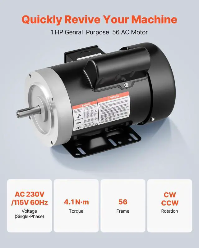Alt view image 2 of 6 - 1 HP Electric Motor, 1725RPM Air Compressor Motor, CW/CCW Rotation, 5/8 inch Shaft Diameter, 1.88inch Shaft Length, 4.1N.m Torque, Single-Phase, TEFC Cooling, 115V/230V, 56 Frame