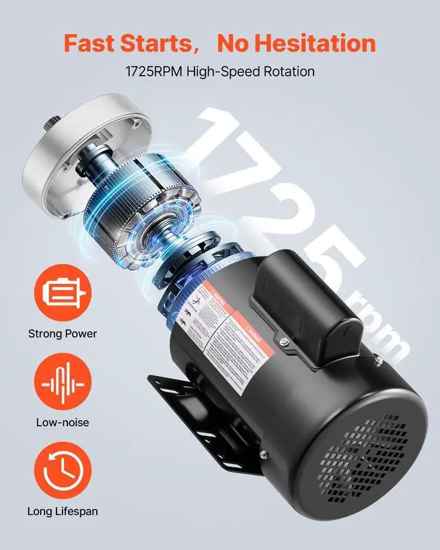 Alt view image 3 of 6 - 1 HP Electric Motor, 1725RPM Air Compressor Motor, CW/CCW Rotation, 5/8 inch Shaft Diameter, 1.88inch Shaft Length, 4.1N.m Torque, Single-Phase, TEFC Cooling, 115V/230V, 56 Frame