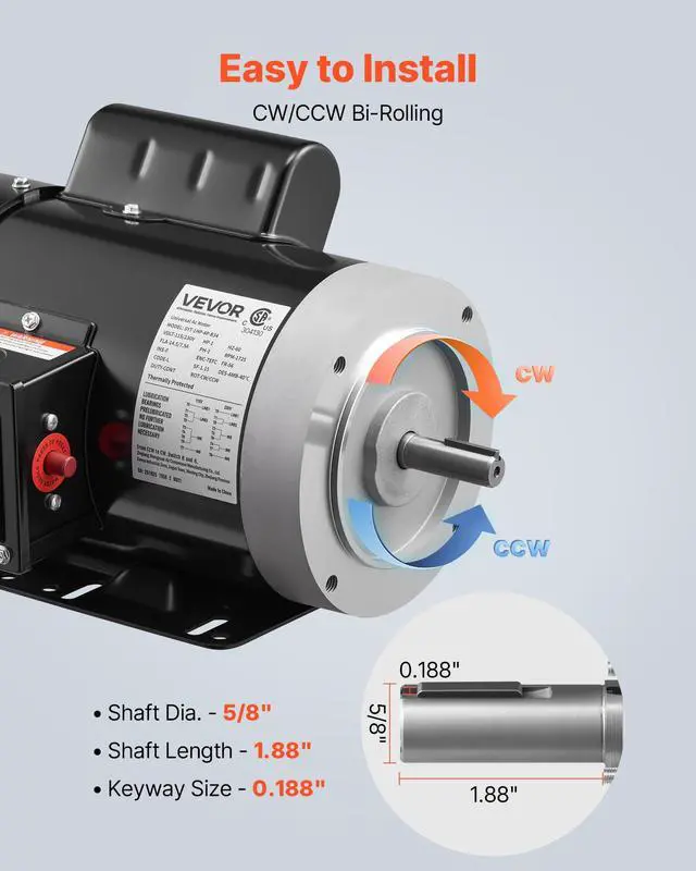 Alt view image 4 of 6 - 1 HP Electric Motor, 1725RPM Air Compressor Motor, CW/CCW Rotation, 5/8 inch Shaft Diameter, 1.88inch Shaft Length, 4.1N.m Torque, Single-Phase, TEFC Cooling, 115V/230V, 56 Frame