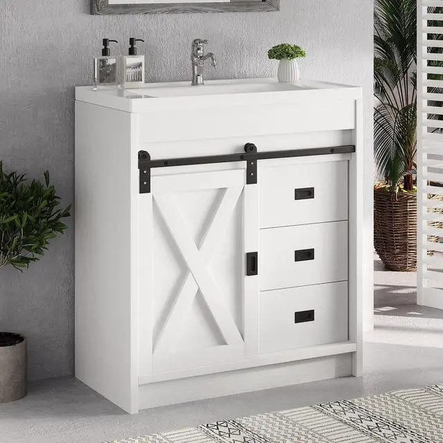 Main image of 30" Farmhouse Bathroom Vanity with Sink, Small White Bathroom Vanity Cabinet with 2 Drawers & Sliding Barn Door, White