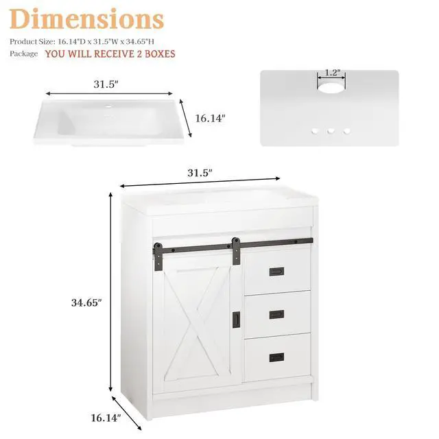 Alt view image 2 of 6 - 30" Farmhouse Bathroom Vanity with Sink, Small White Bathroom Vanity Cabinet with 2 Drawers & Sliding Barn Door, White