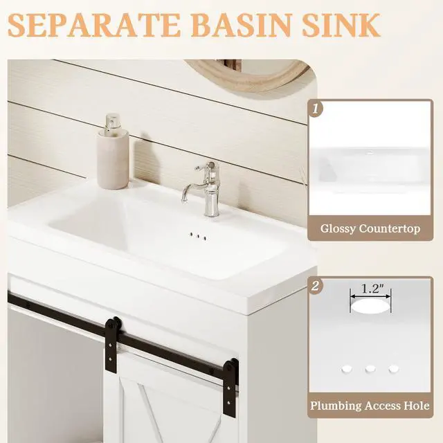 Alt view image 4 of 6 - 30" Farmhouse Bathroom Vanity with Sink, Small White Bathroom Vanity Cabinet with 2 Drawers & Sliding Barn Door, White