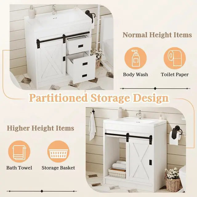 Alt view image 5 of 6 - 30" Farmhouse Bathroom Vanity with Sink, Small White Bathroom Vanity Cabinet with 2 Drawers & Sliding Barn Door, White