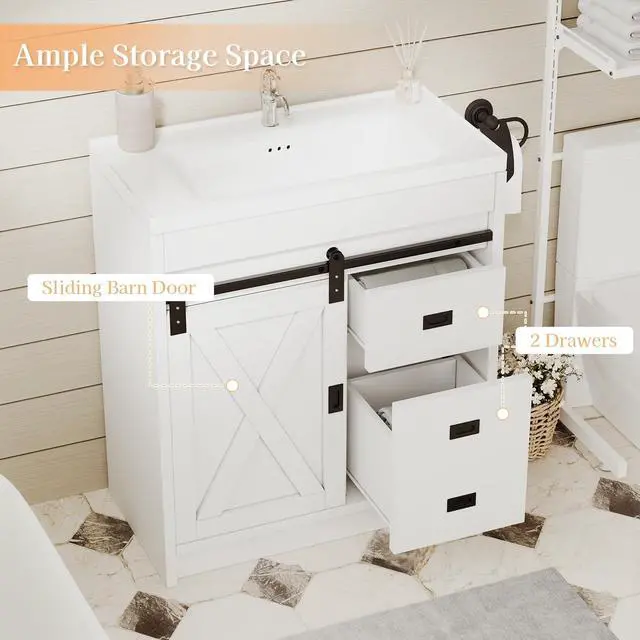 Alt view image 6 of 6 - 30" Farmhouse Bathroom Vanity with Sink, Small White Bathroom Vanity Cabinet with 2 Drawers & Sliding Barn Door, White