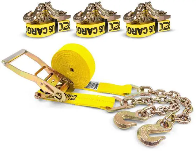 Main image of Chain Ratchet Straps 2 Inch x 27 Foot (4 Pack), 10,000 LBS Break Strength, Heavy Duty Ratchet Straps with Chains Ends & Grab Hooks, Heavy Equipment Tie-Downs, Tractor Tie Downs