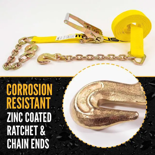 Alt view image 2 of 6 - Chain Ratchet Straps 2 Inch x 27 Foot (4 Pack), 10,000 LBS Break Strength, Heavy Duty Ratchet Straps with Chains Ends & Grab Hooks, Heavy Equipment Tie-Downs, Tractor Tie Downs