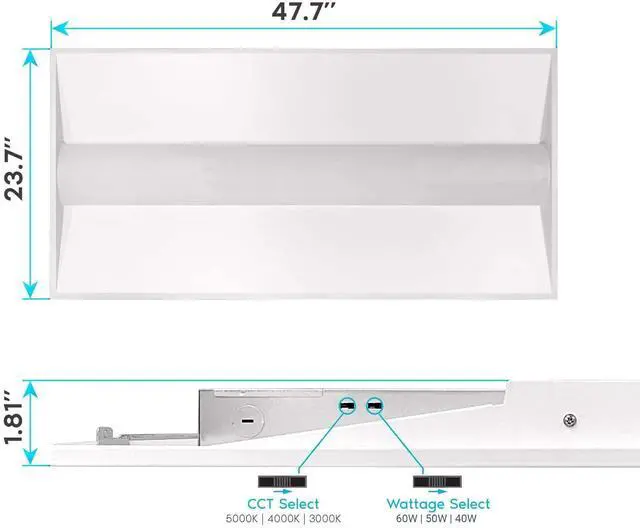 Alt view image 3 of 5 - 2x4 FT Center Basket LED Troffer Panel Light, 40/50/60W, 3 Color Options 3000K | 4000K | 5000K, Dimmable Drop Ceiling Lights, 5000/6250/7500 Lumens, Damp Rated, 120-277V, Premium (4 Pack)
