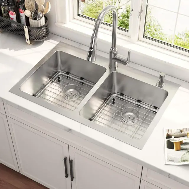 Main image of 33x22 Drop In Double Bowl 33 Inch Topmount Kitchen Sink | 304 Stainless Steel, 18 Gauge Thickness, Commercial Grade Satin Finish, Strainer & Grid Included, 33" x 22" x 9"
