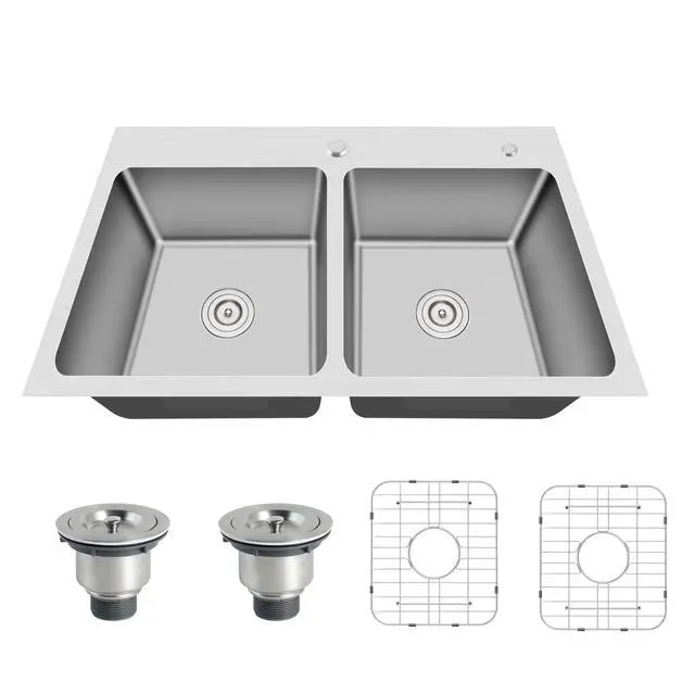 Alt view image 2 of 6 - 33x22 Drop In Double Bowl 33 Inch Topmount Kitchen Sink | 304 Stainless Steel, 18 Gauge Thickness, Commercial Grade Satin Finish, Strainer & Grid Included, 33" x 22" x 9"